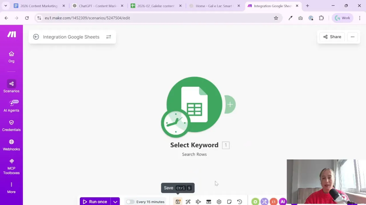 Make.com automation canvas showing renamed Google Sheets module “Select Keyword”