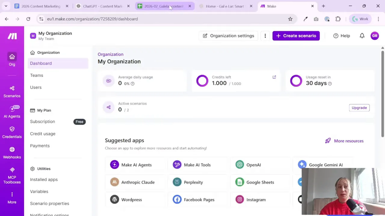 Make.com organization dashboard showing suggested apps and Create scenario button
