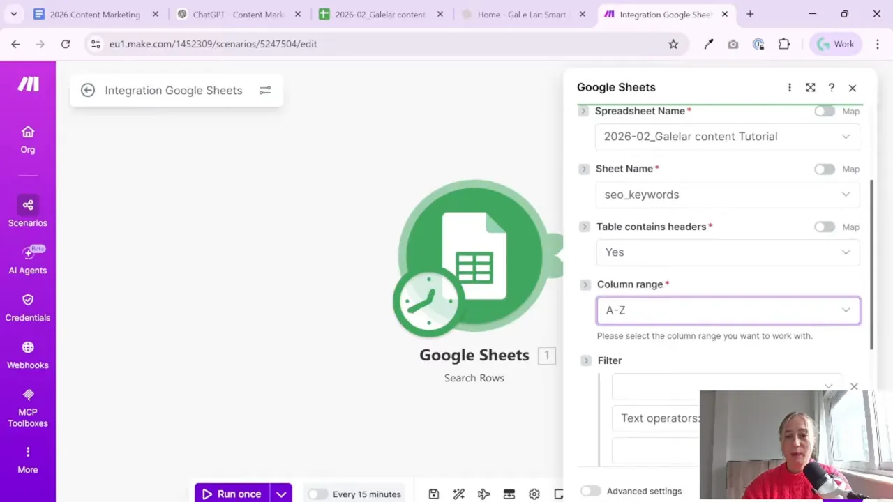 Make.com Google Sheets search rows module showing table contains headers and column range