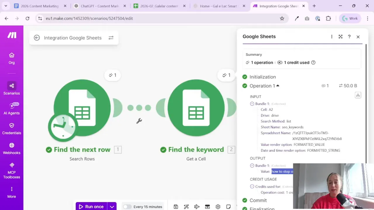 Make.com test run output for Google Sheets module with bundle value and commit confirmation