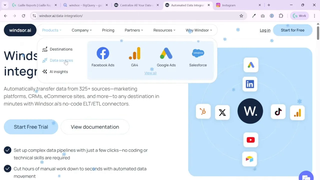 Windsor.ai onboarding menu showing Facebook Ads, GA4, Google Ads and Salesforce as data sources