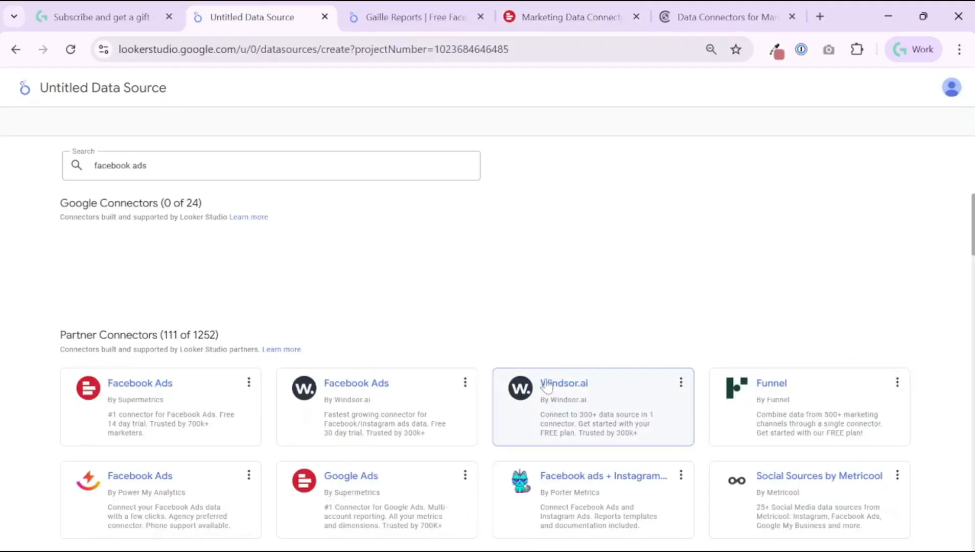 Searching the Looker Studio connectors marketplace and finding 111 Facebook Ads connectors