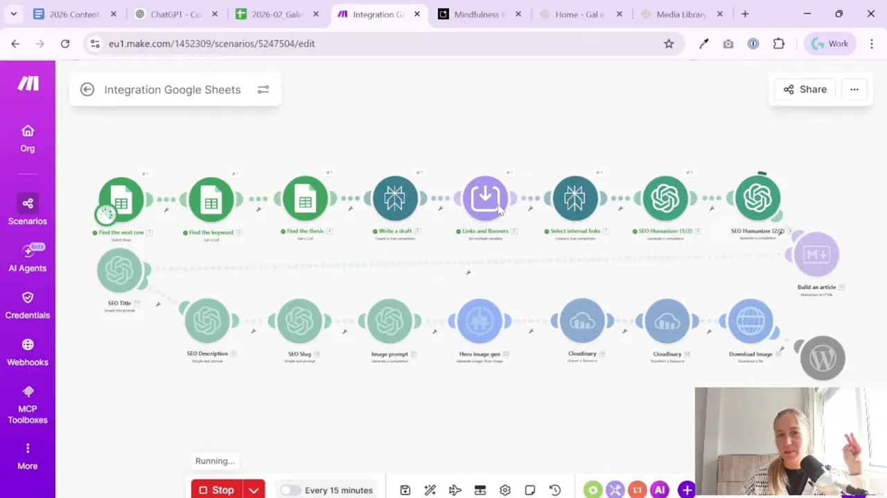 Make scenario overview showing hero image generation and download leading into WordPress media library upload