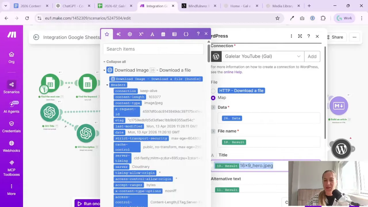 Make workflow showing WordPress media module mapping for uploading the downloaded hero image file