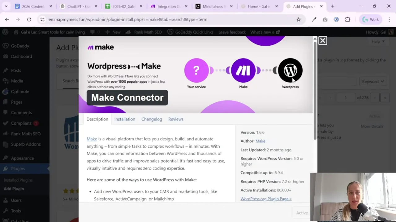 Screenshot of Make WordPress connection form showing WordPress REST API base URL and API key fields