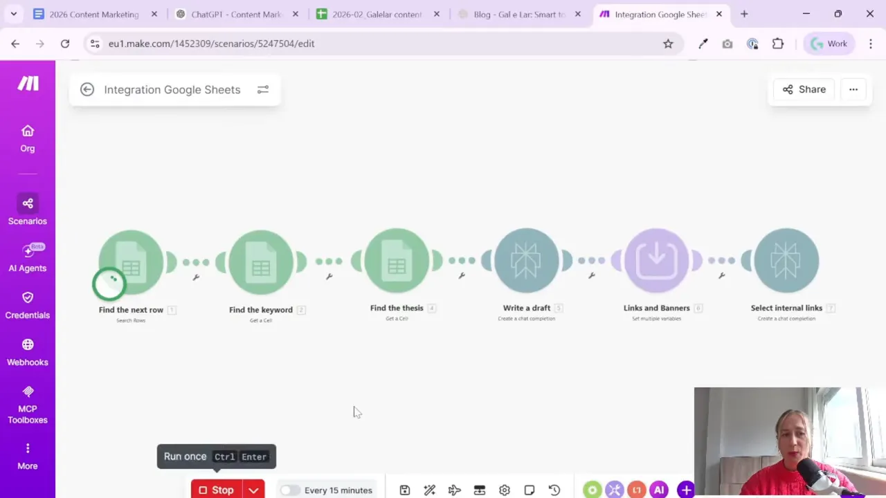 Make scenario execution view with modules: find next row, find keyword, thesis, write draft, links and banners, select internal links