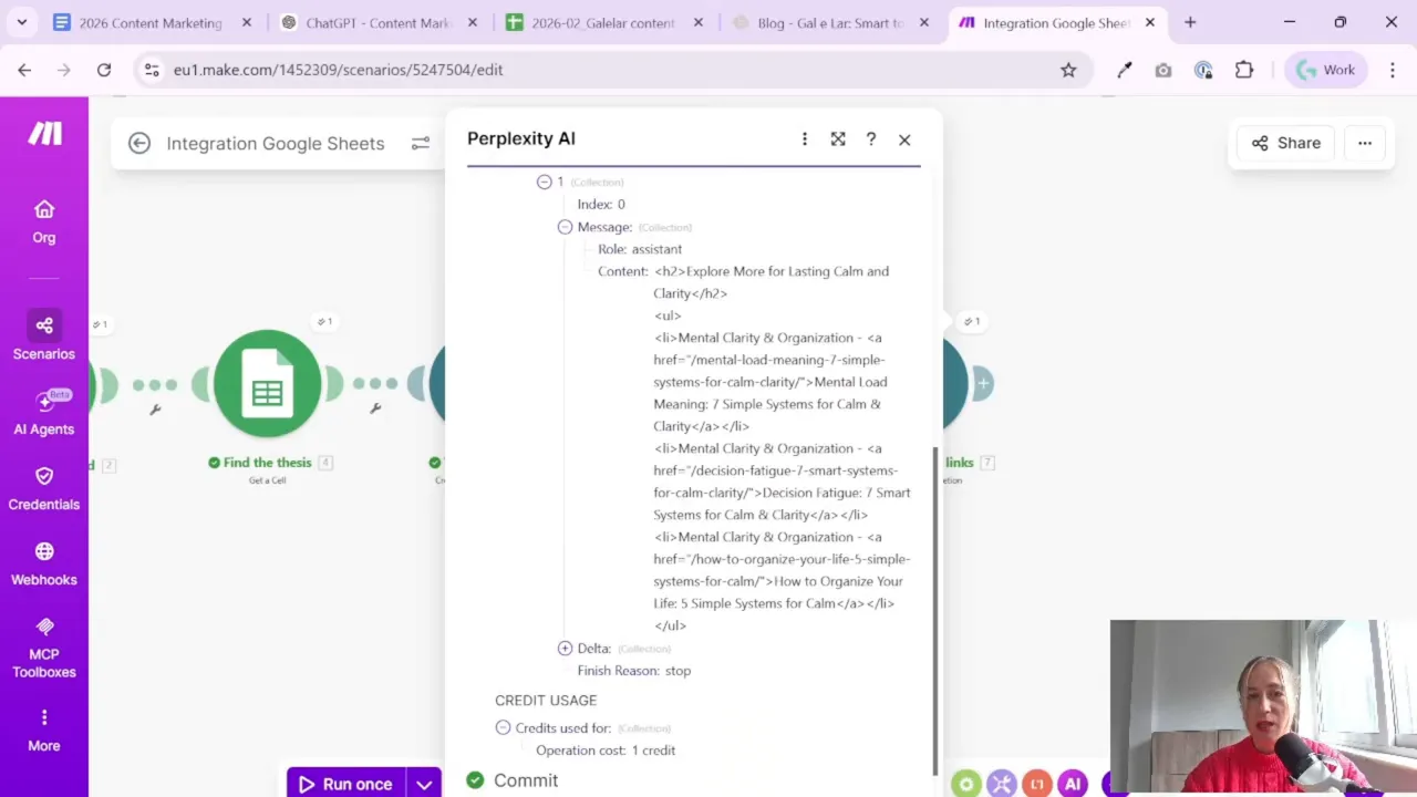 Perplexity AI output in Make with selected internal links formatted as HTML for the read more section