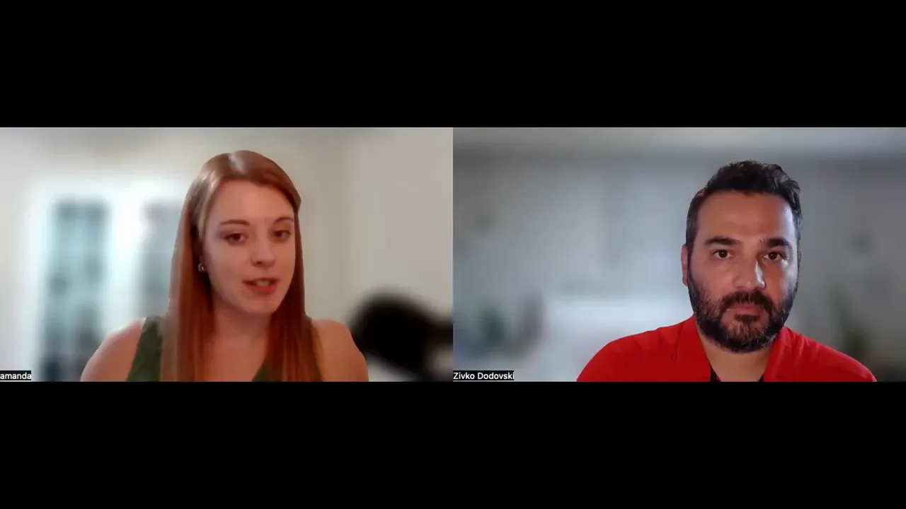 Split-screen virtual call with two presenters clearly framed, neutral backgrounds, and good lighting — suitable for illustrating rollout and governance topics.