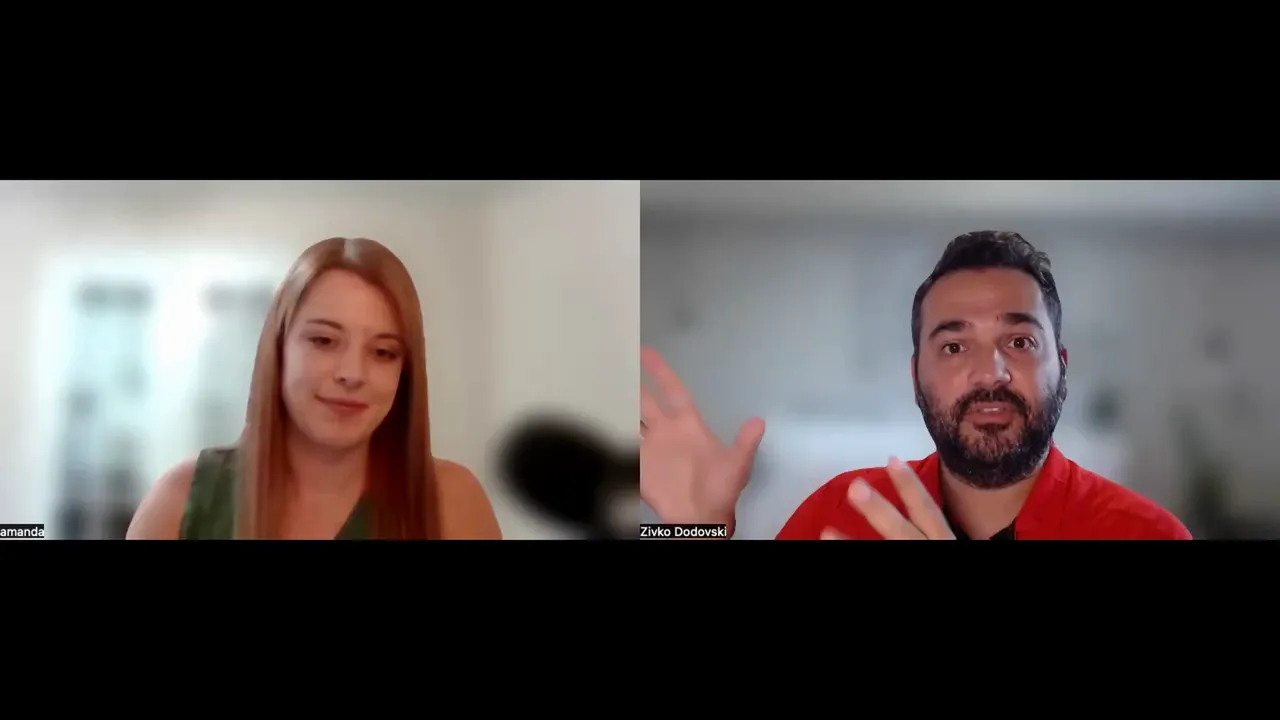 Two people on a video call, right-side speaker gesturing with hands while explaining