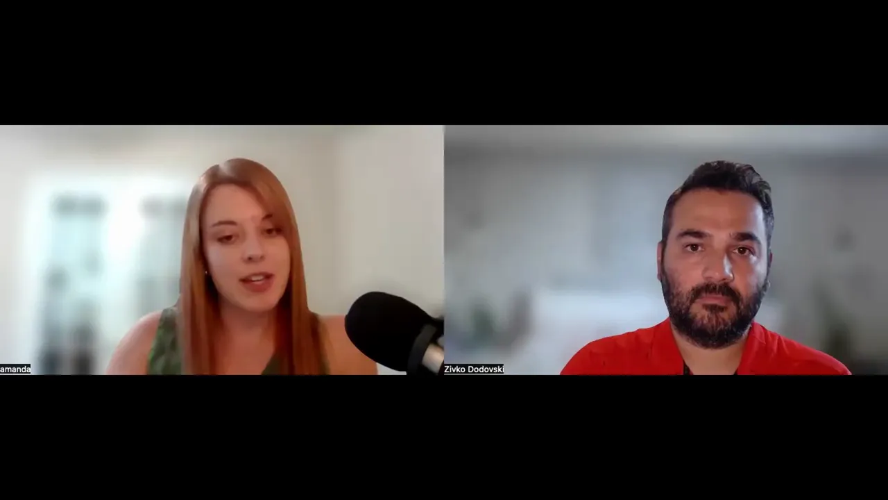 Two hosts on a webinar with a visible microphone discussing AI regulation and compliance