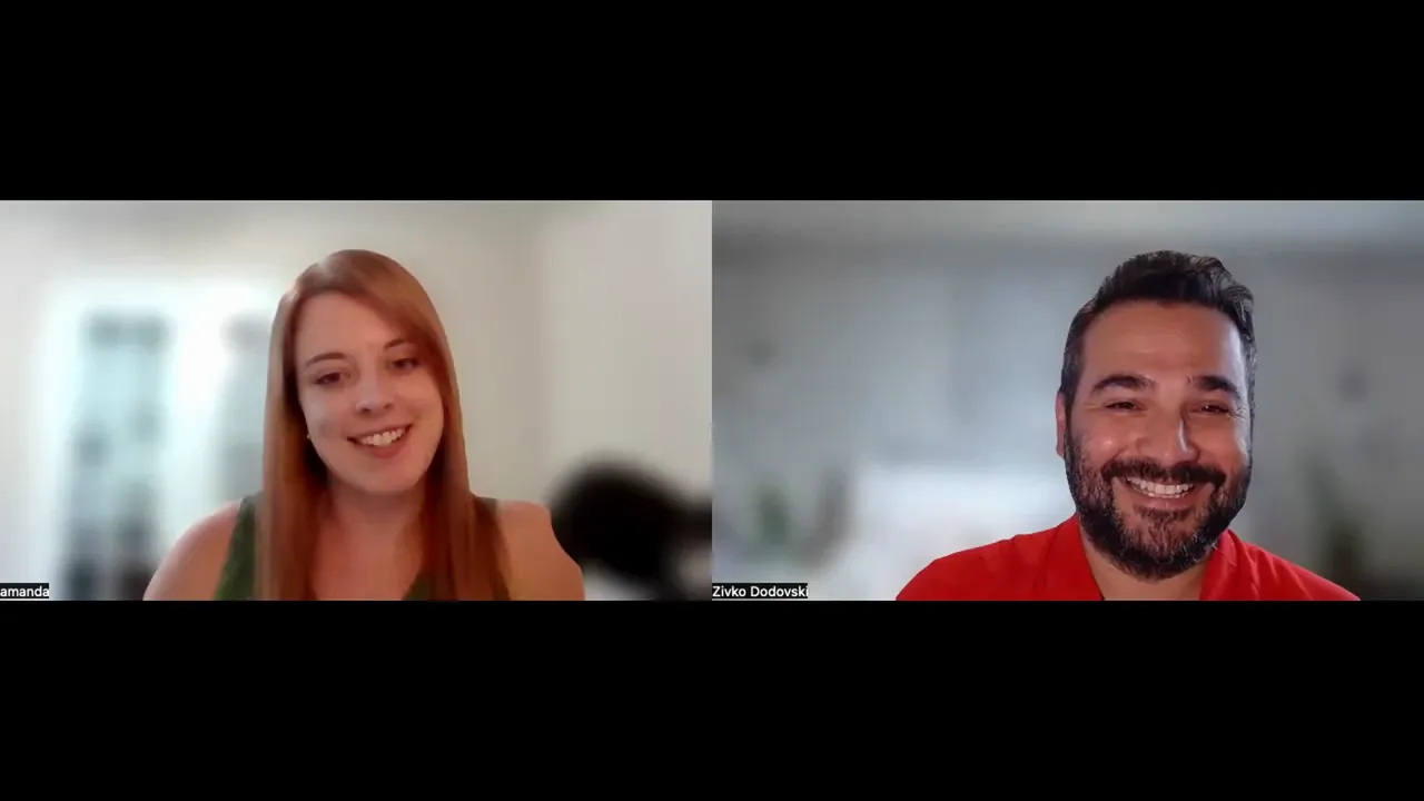 Split-screen webinar with two presenters smiling warmly on camera, high clarity and balanced lighting.