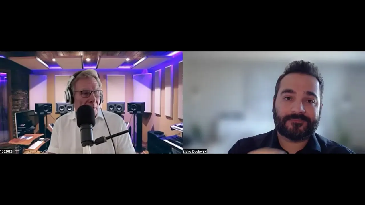 Podcast host at a studio microphone with a bearded guest joining via video call