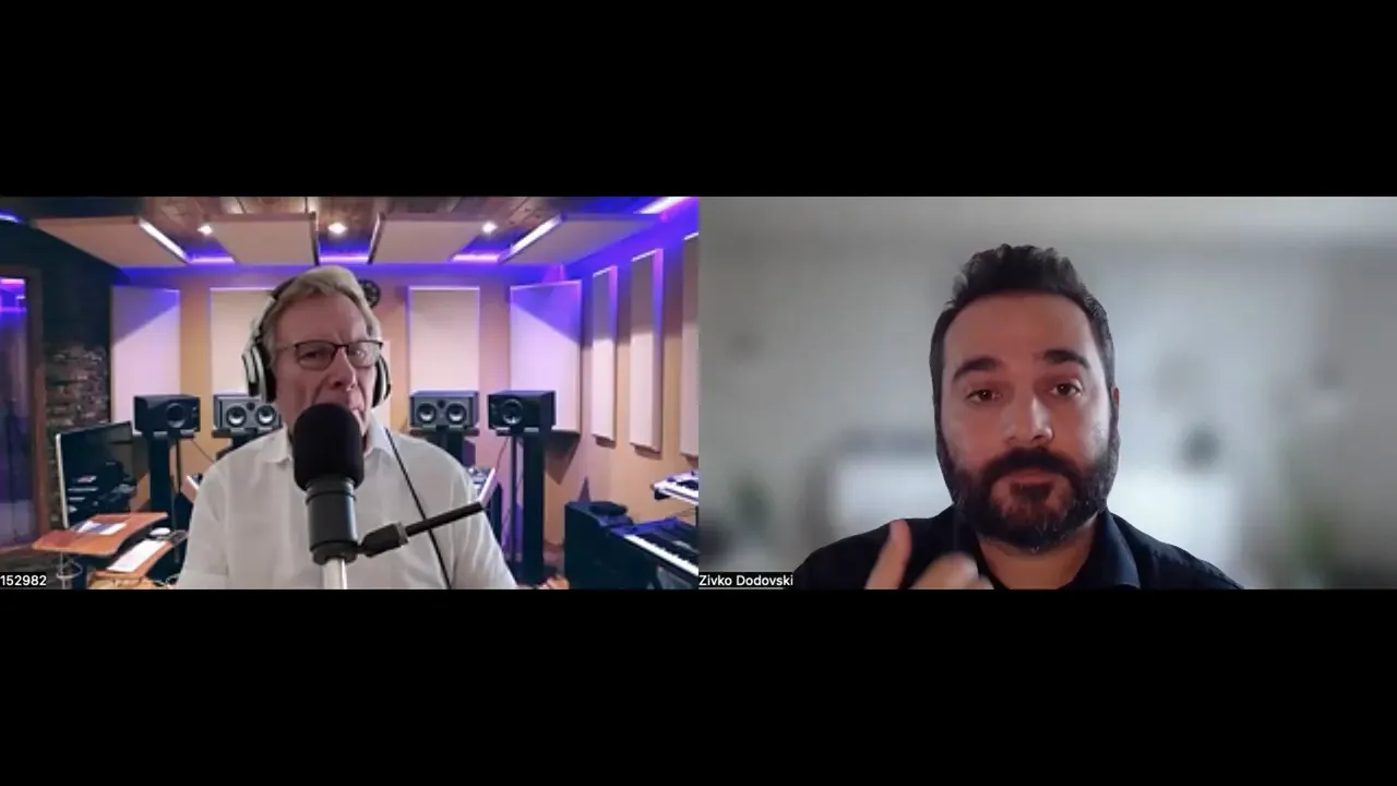 Split-screen podcast interview with host at a studio microphone and a guest gesturing on the video call