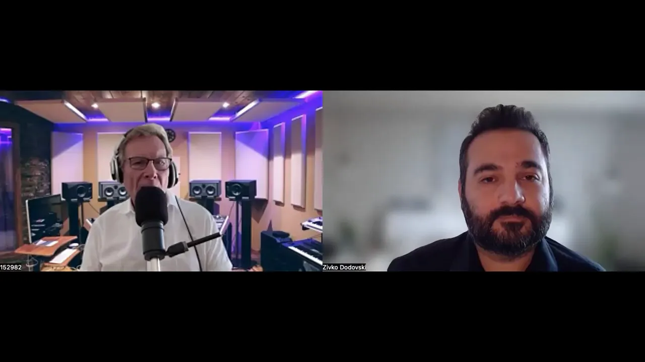 Clear split-screen podcast interview with host speaking into studio microphone and guest on video call