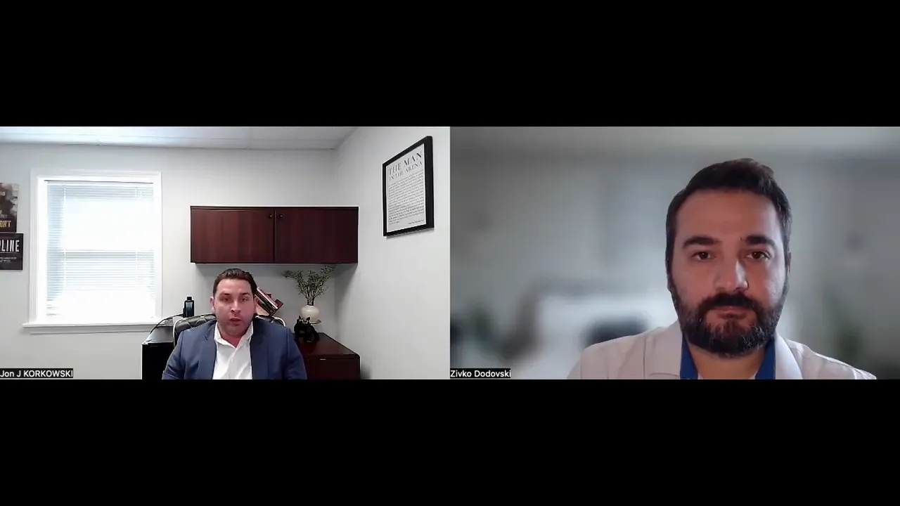 Split-screen video call: left speaker in an office with visible cabinet and window, right speaker in a blurred room — both clearly framed and looking toward the camera.