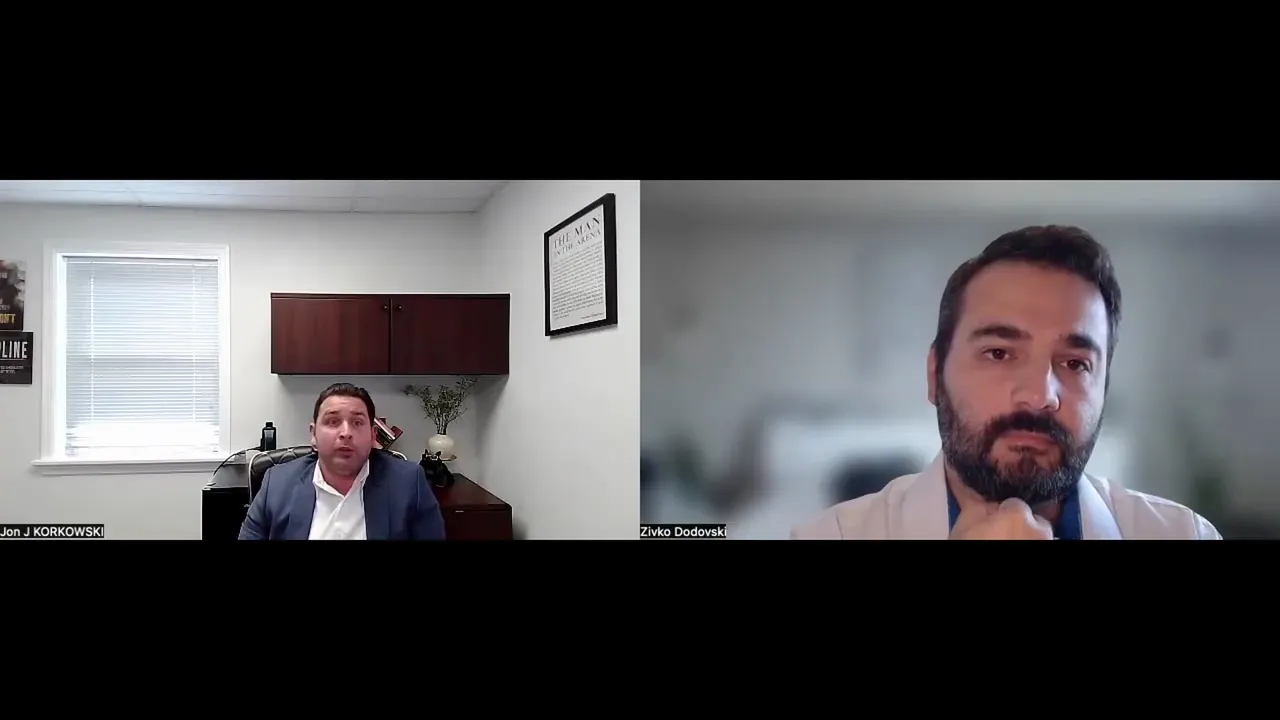 High-clarity split-screen video still showing two speakers; left in an office and right against a blurred background.