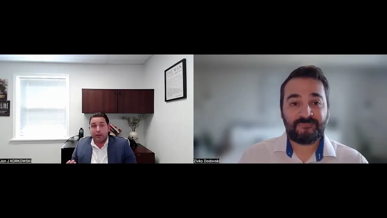 Split-screen interview still showing two hosts: one gesturing from an office on the left and the other smiling with a blurred background on the right.