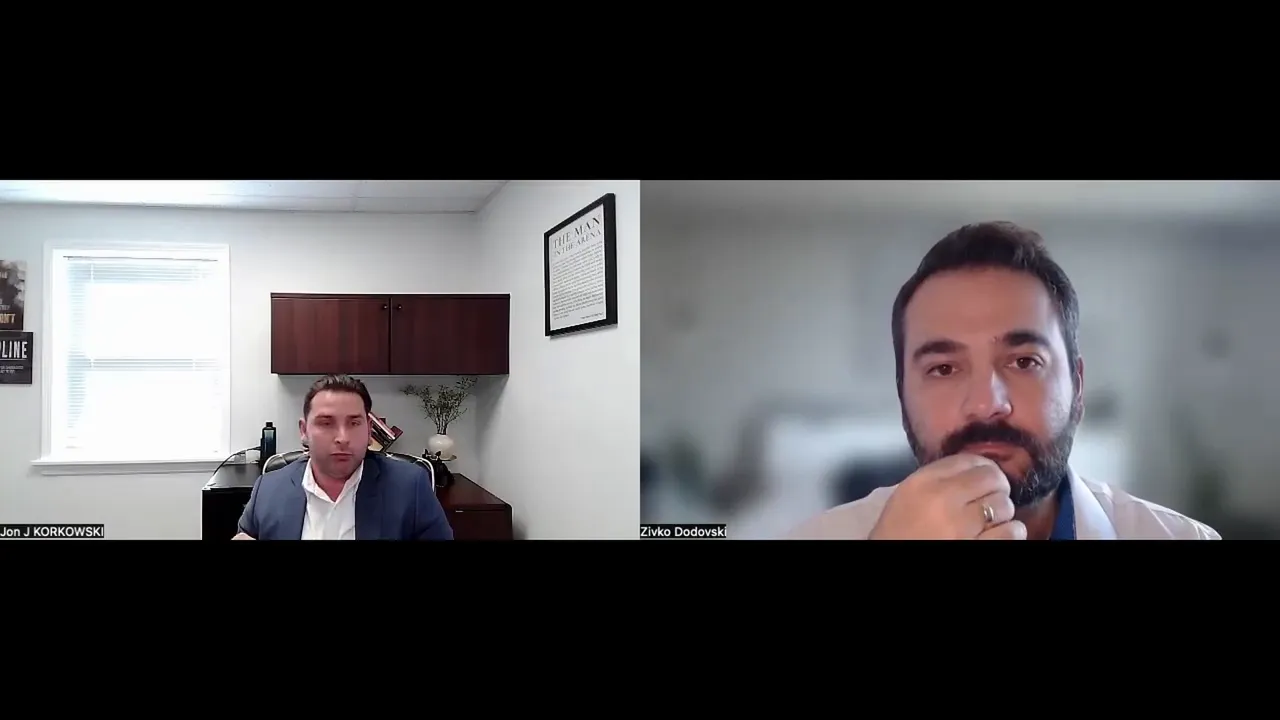 Clear split-screen interview showing two speakers discussing local search and Google Business Profile strategy; office background visible on the left.