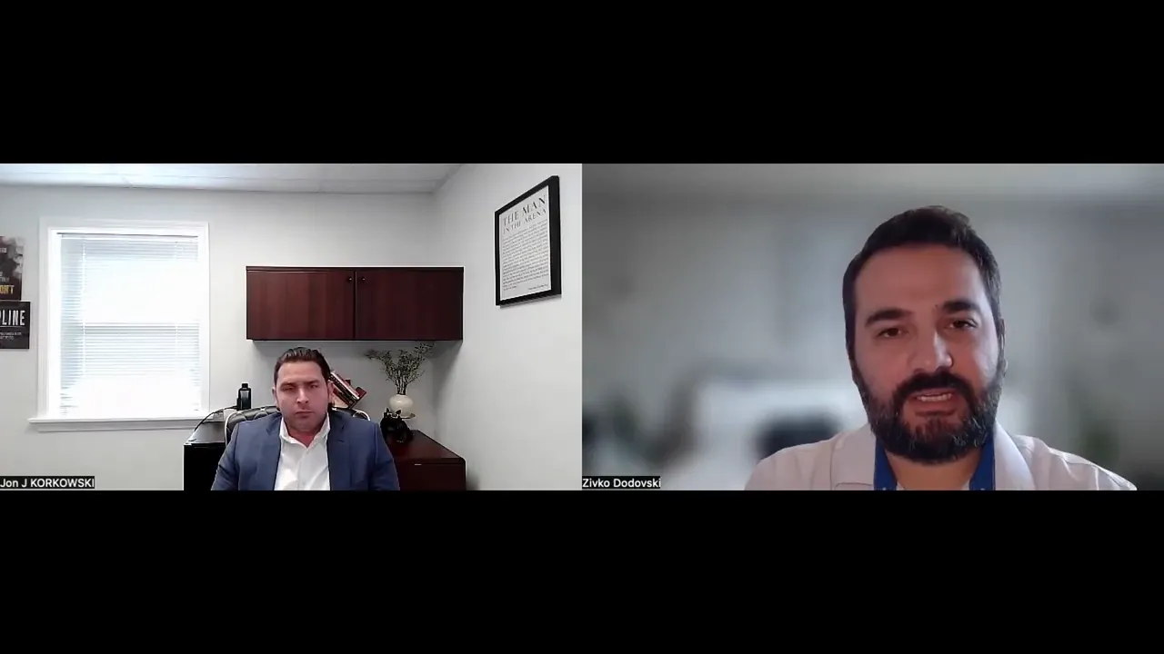 High-clarity split-screen interview: one speaker in an office on the left and a second speaker speaking against a blurred background on the right.