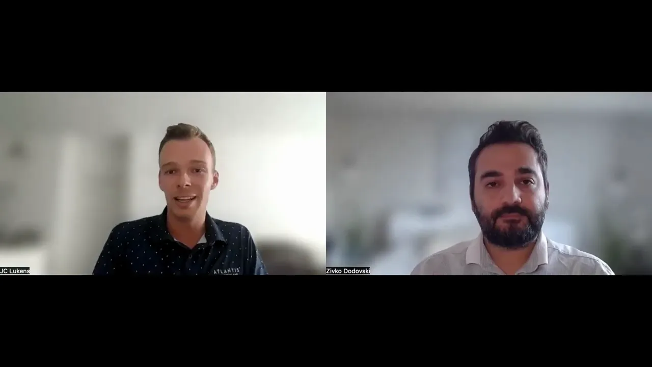 Split-screen video call with two engaged speakers explaining dual pricing and CRM workflows.