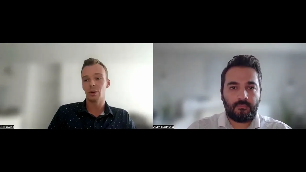 Clear split-screen video call showing two speakers discussing CRM and payments integration.