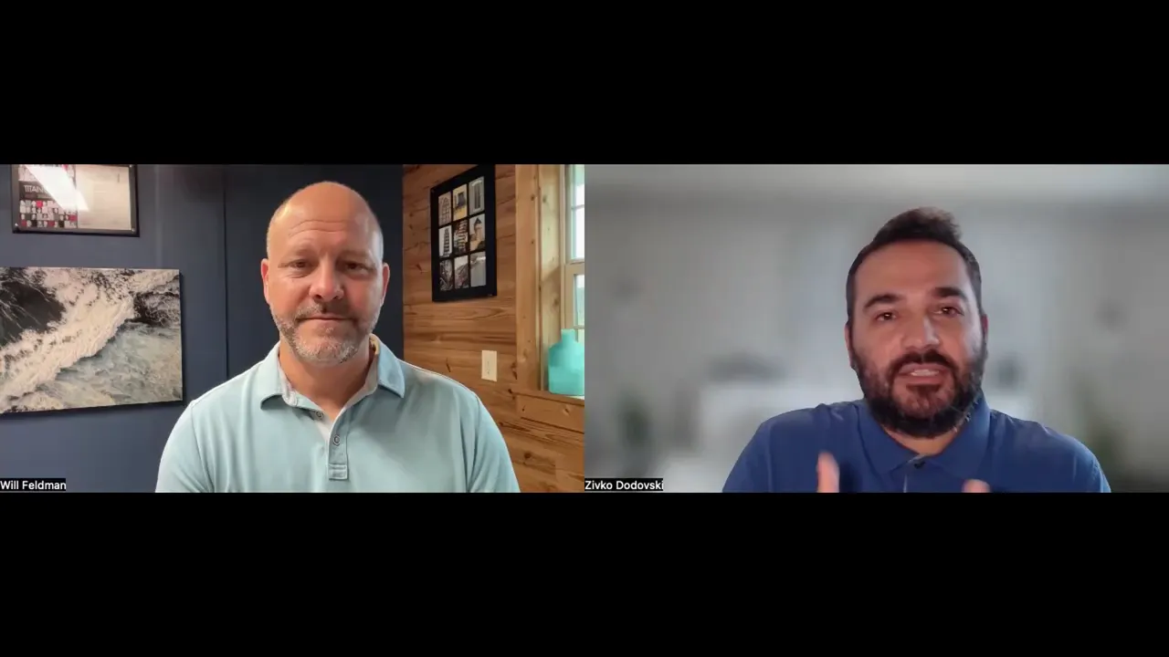 Split-screen interview with the host on the right using hand gestures to emphasize a point and the guest listening on the left.