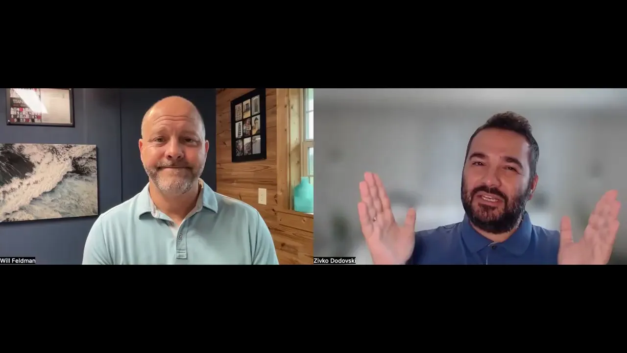 Two speakers on a video call with one using hand gestures to emphasize a point about video production