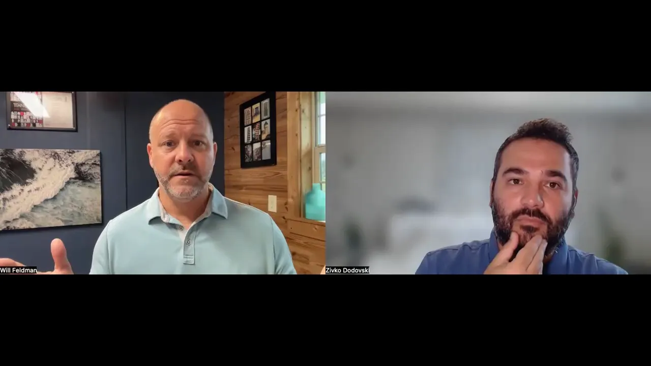 Split-screen interview showing Will Feldman gesturing as he tells a story on the left and the interviewer listening on the right.