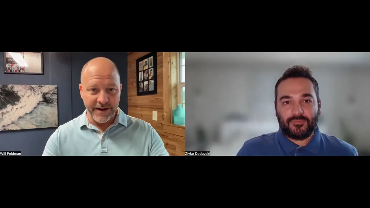Well-lit split-screen interview: founder addressing the camera on the left and the host listening on the right, both faces clearly visible.