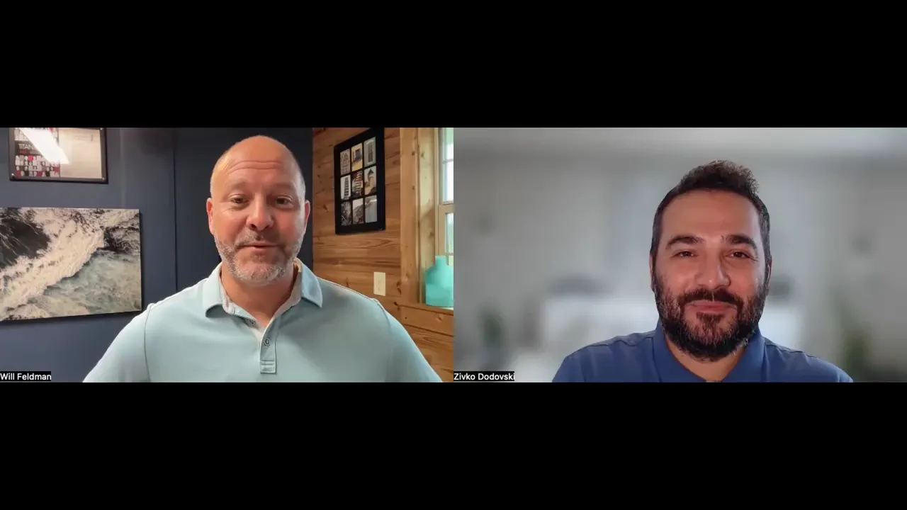Clear split-screen interview frame showing the host speaking on the left and the guest smiling on the right.