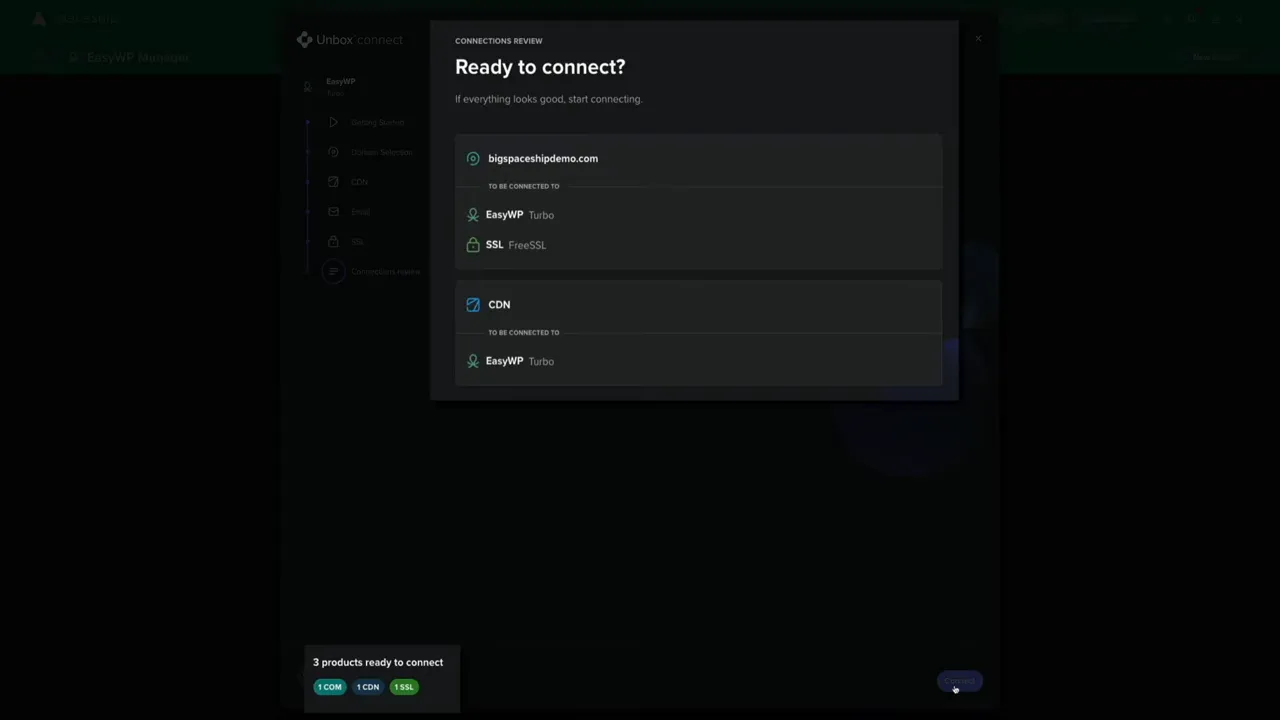 Connection review screen listing domain, hosting, CDN and SSL