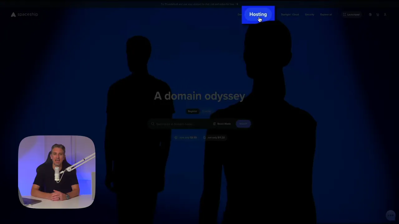 Spaceship.com homepage with Hosting menu