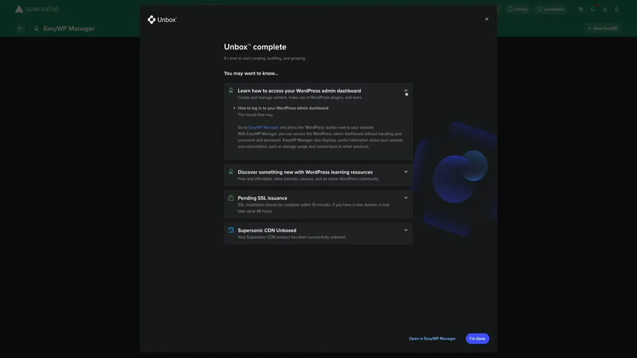 Unbox complete confirmation with quick start links
