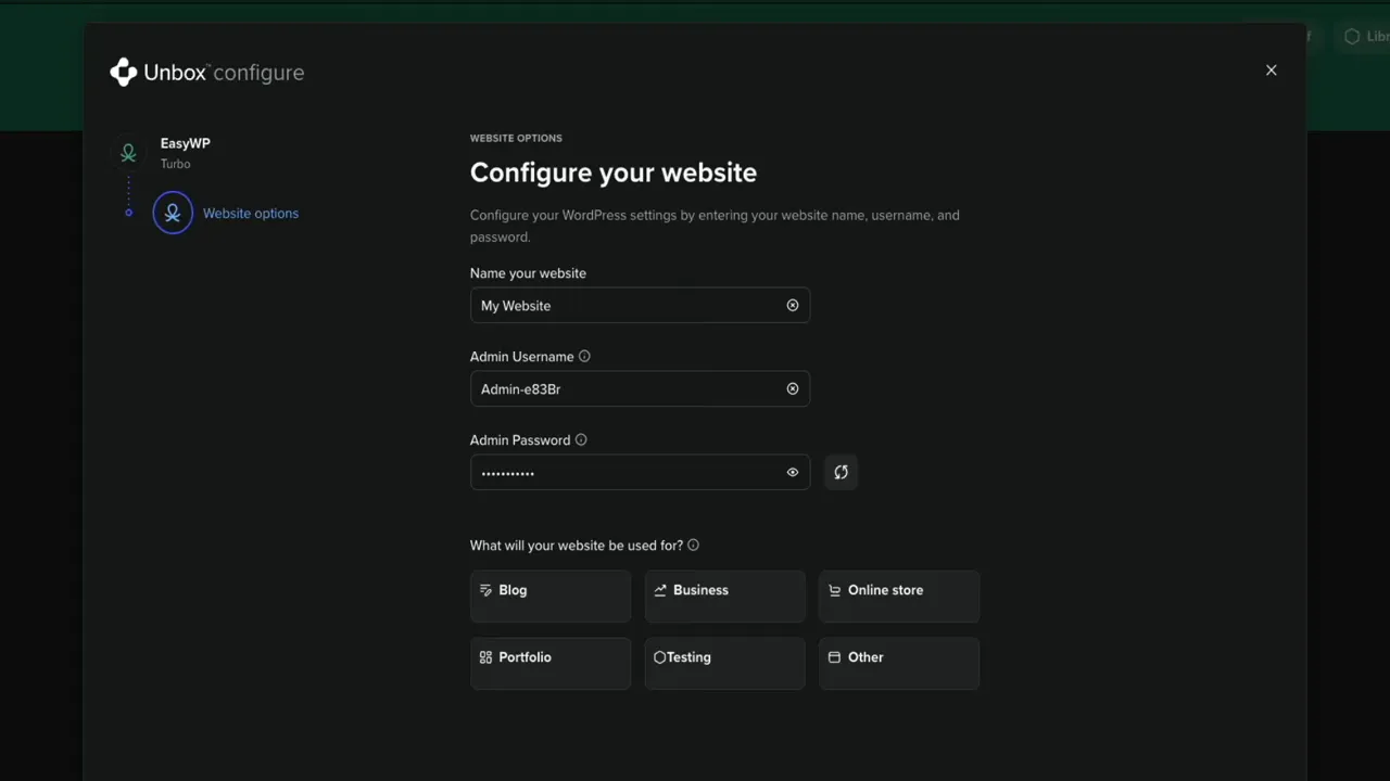 WordPress configuration form for site name, admin username and password