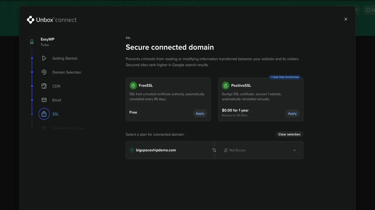 SSL selection screen with Free SSL and Positive SSL options