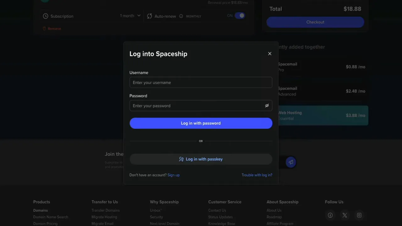 Account creation screen with passkey option