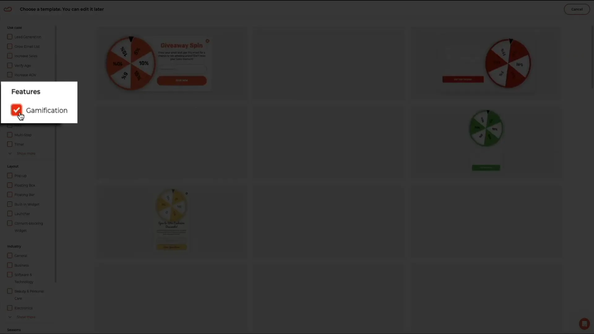 Template filters with Gamification selected