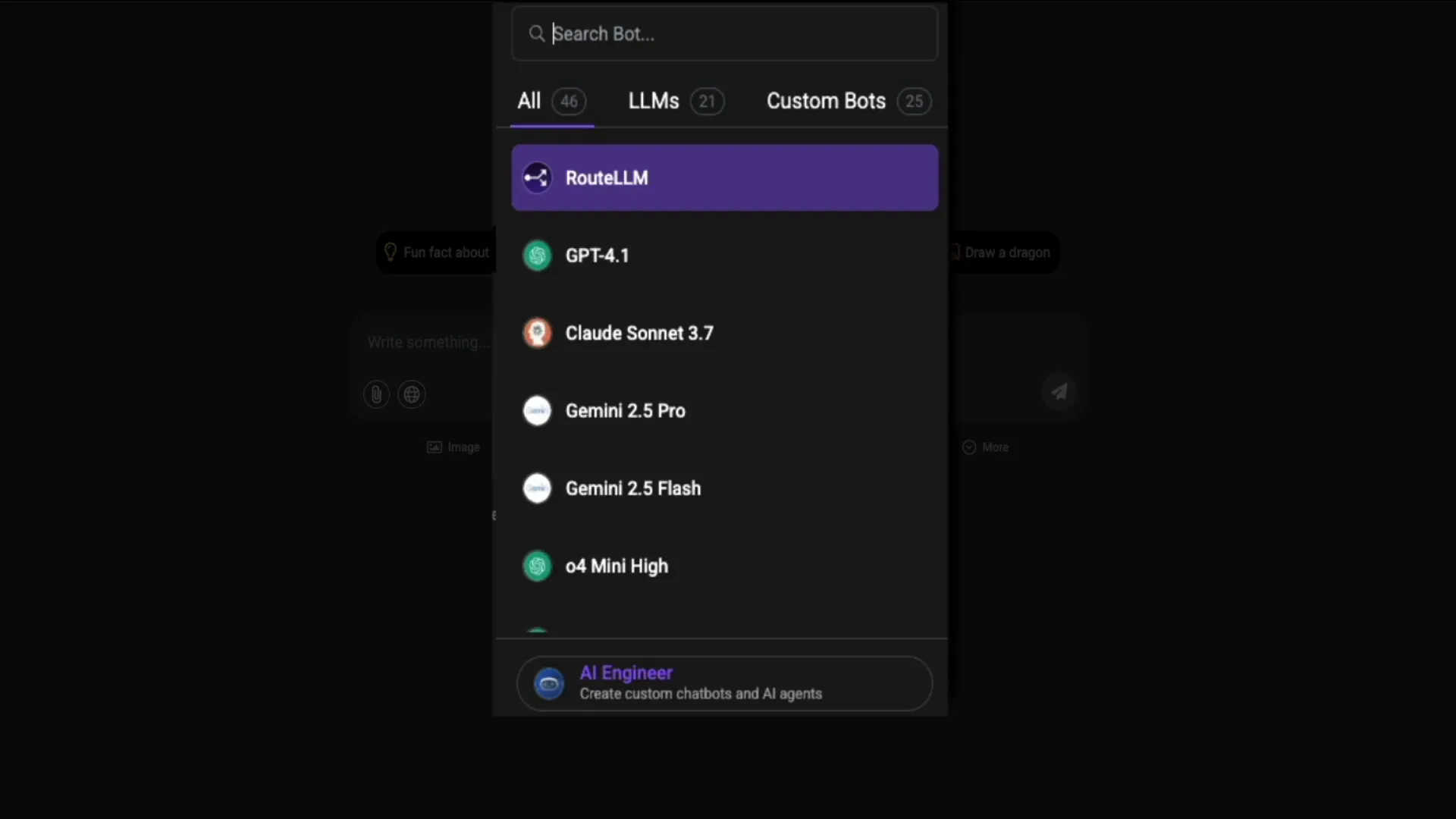 Model selector dropdown in Chat LLM Teams