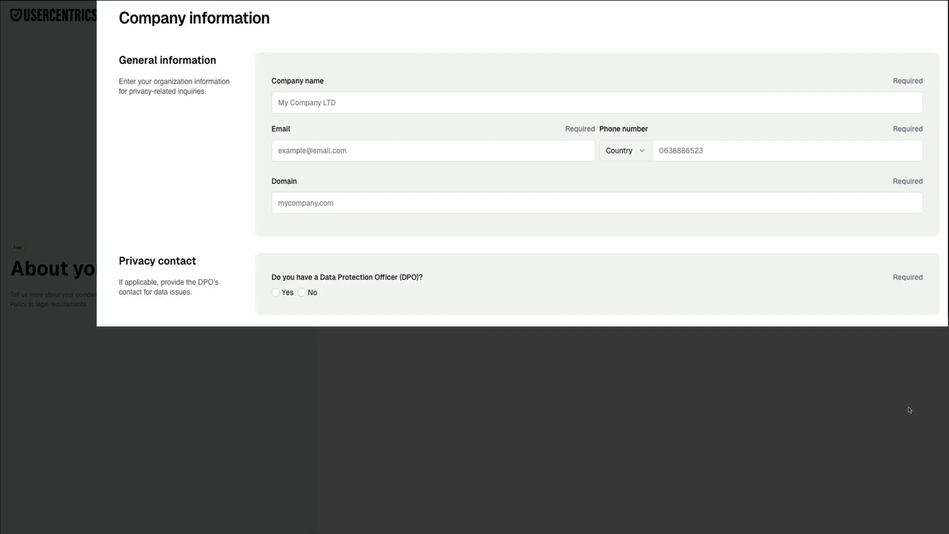 Company information form in Usercentrics privacy policy setup