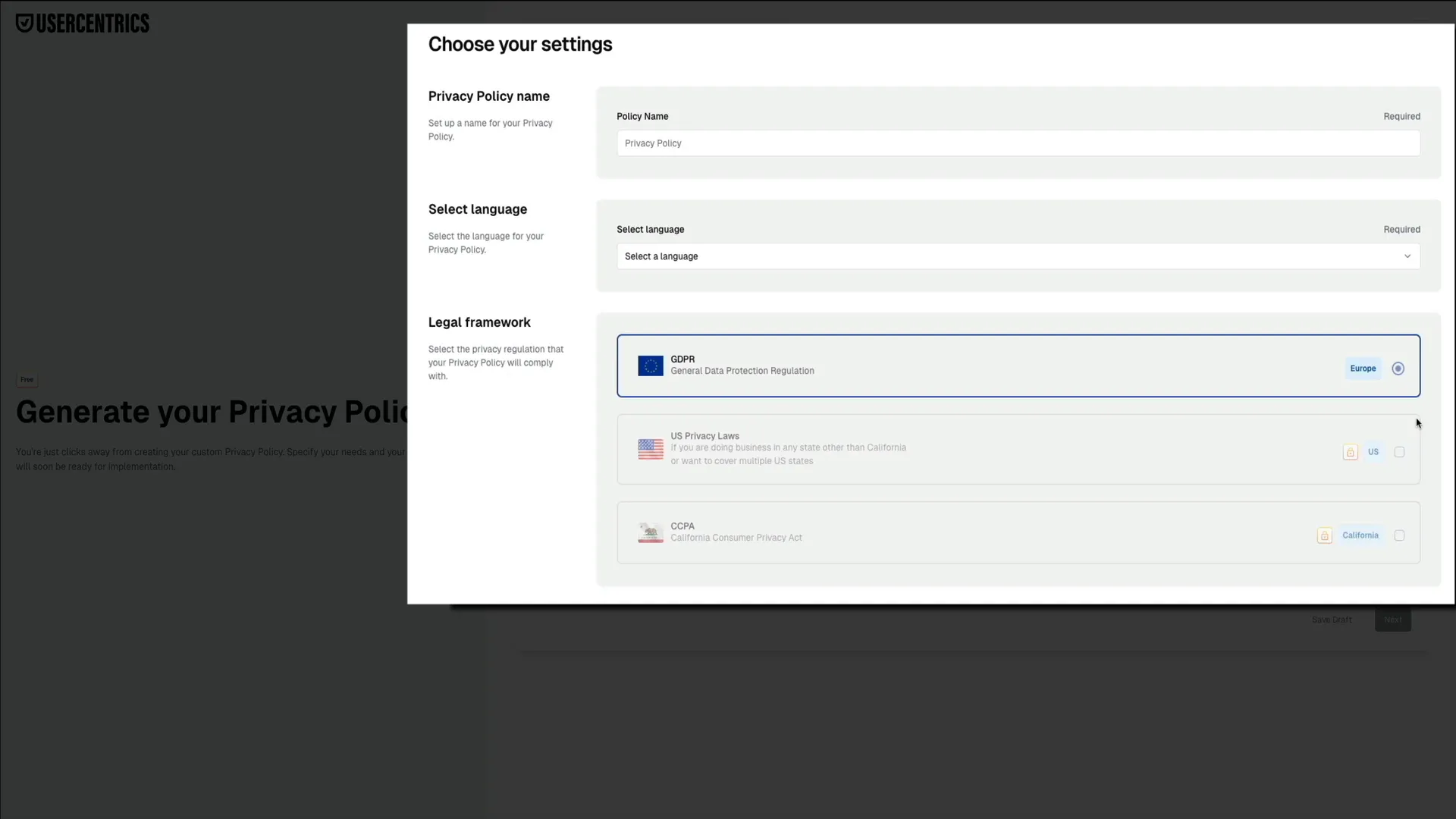 Usercentrics privacy policy settings page showing language and legal framework options