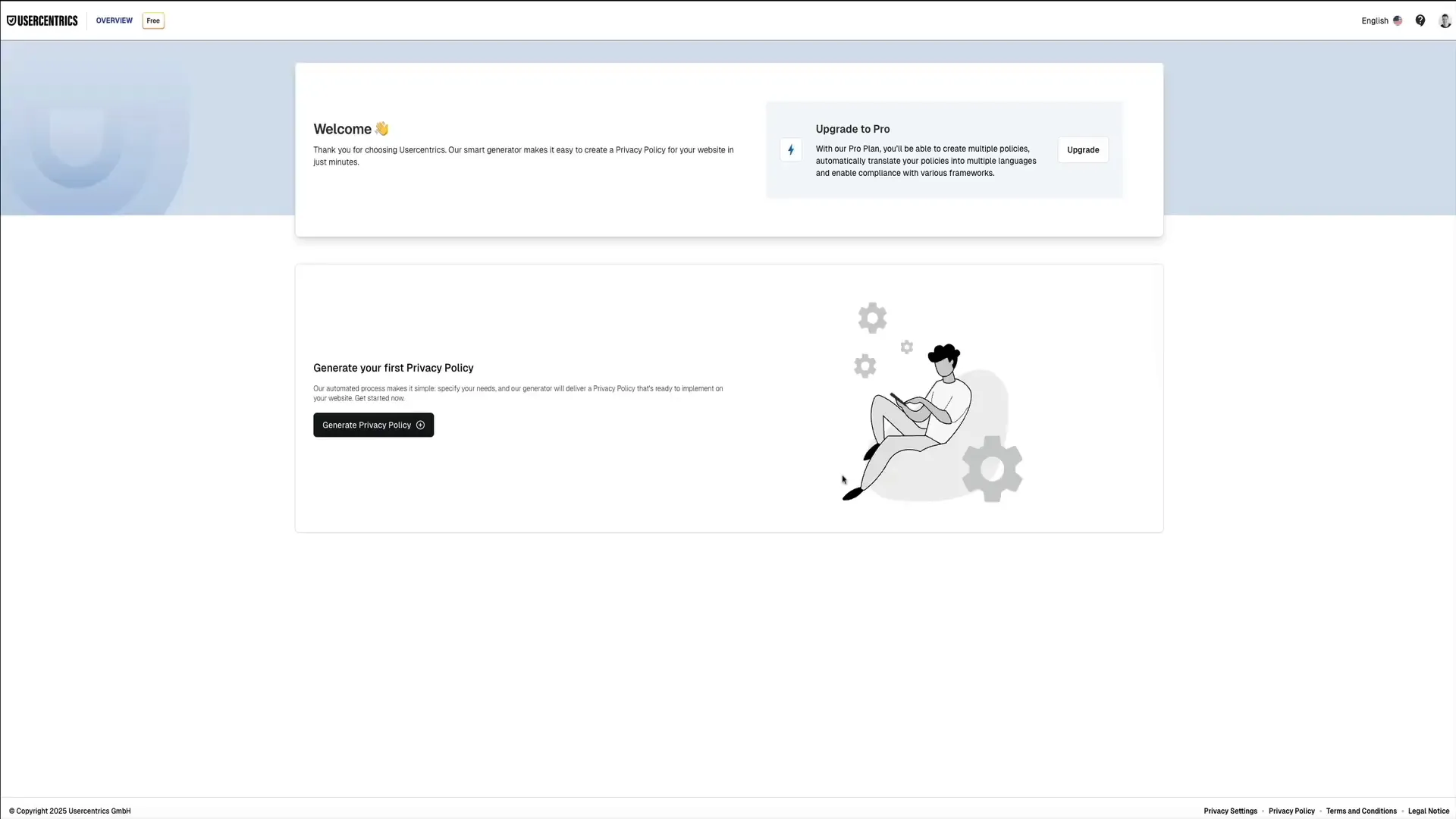 Usercentrics dashboard showing generate privacy policy button