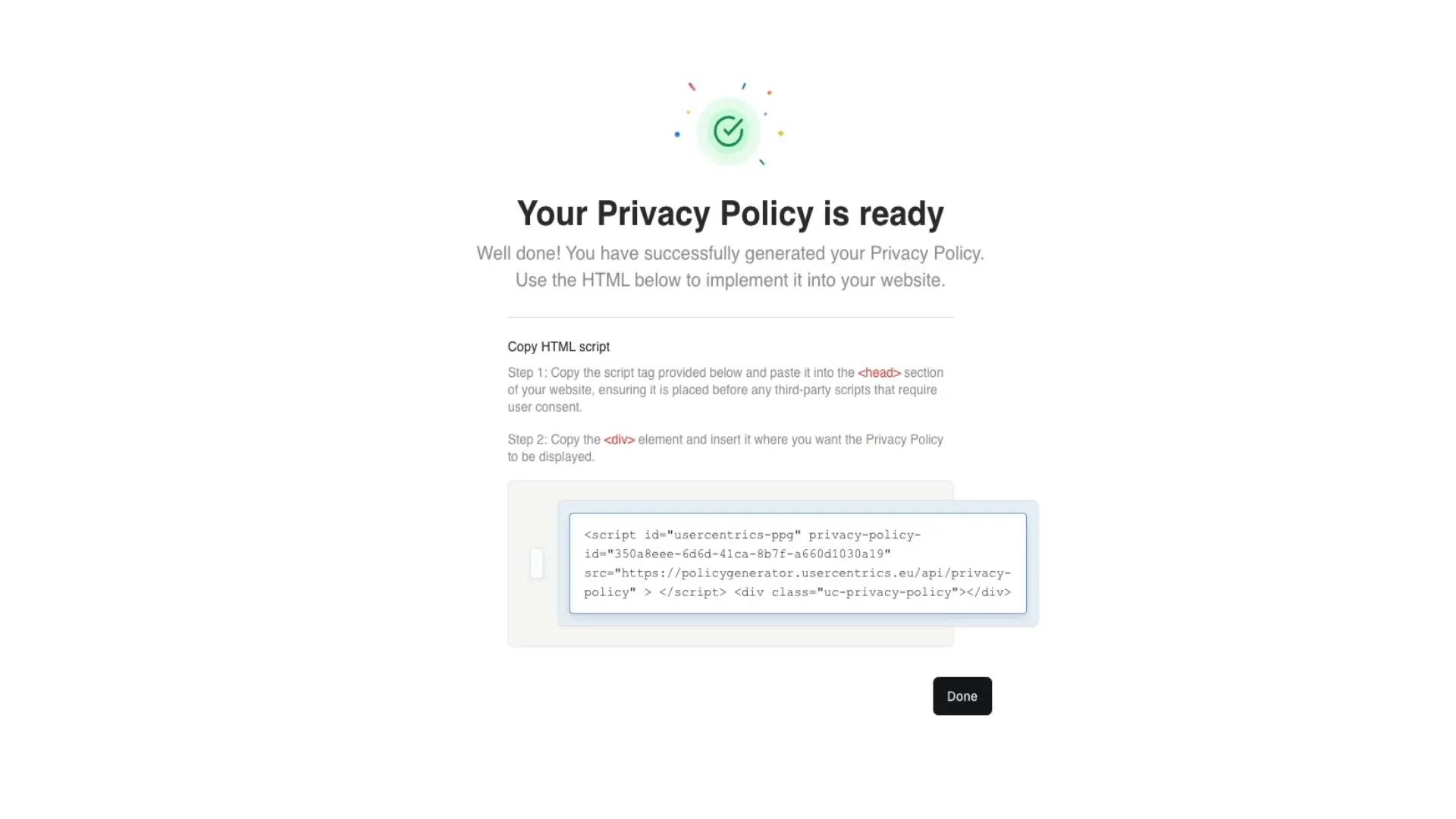 Usercentrics privacy policy ready confirmation and HTML code snippet