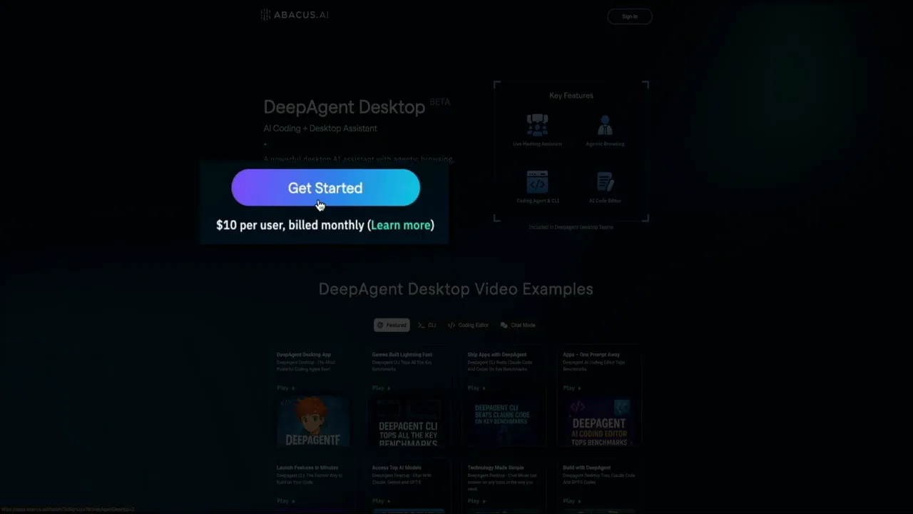 Abacus AI product page with Get Started button