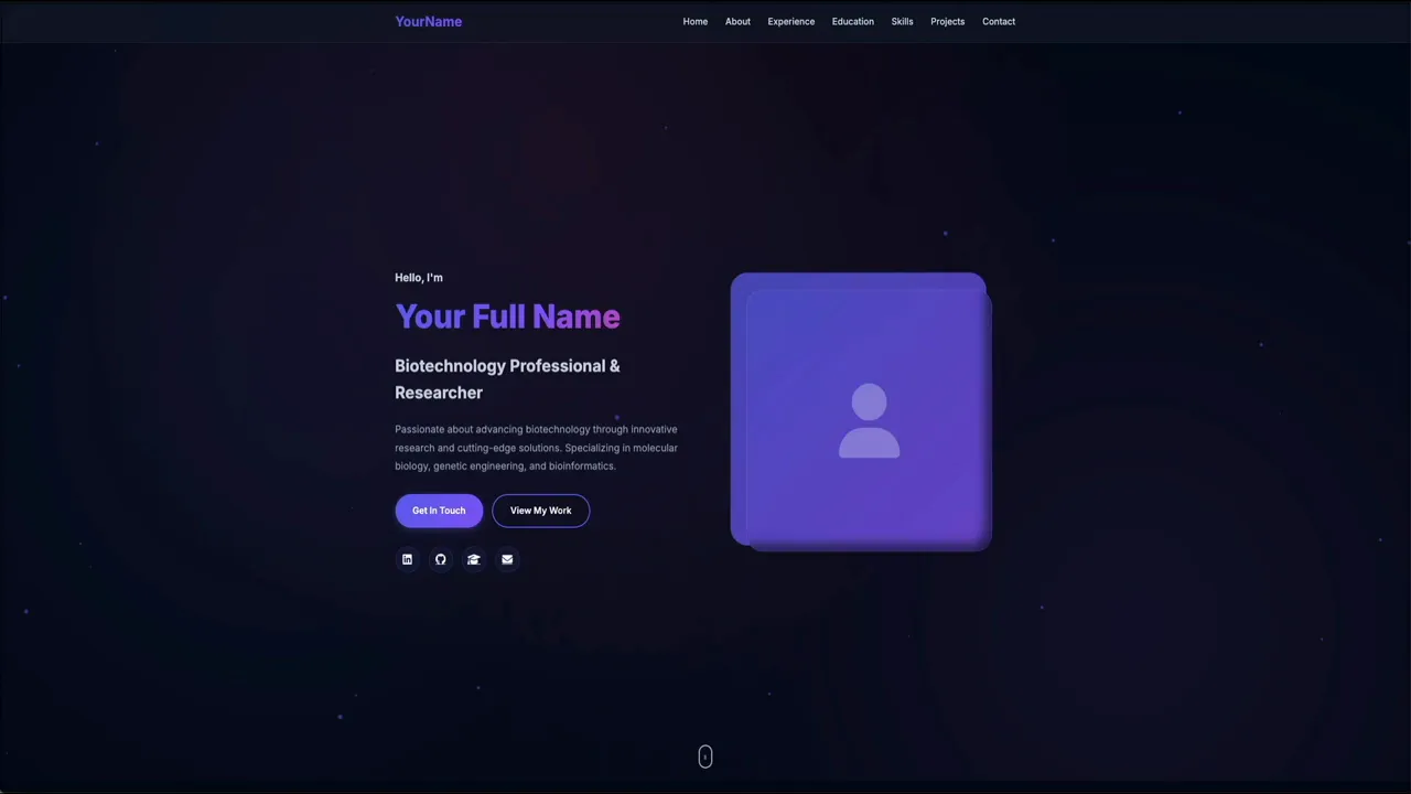 Live preview of the generated personal website hero section with animations