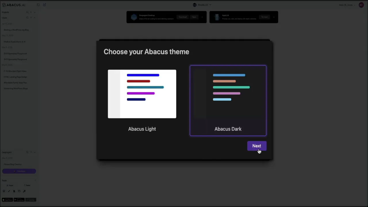 Deep Agent sign in with Abacus AI onboarding screen