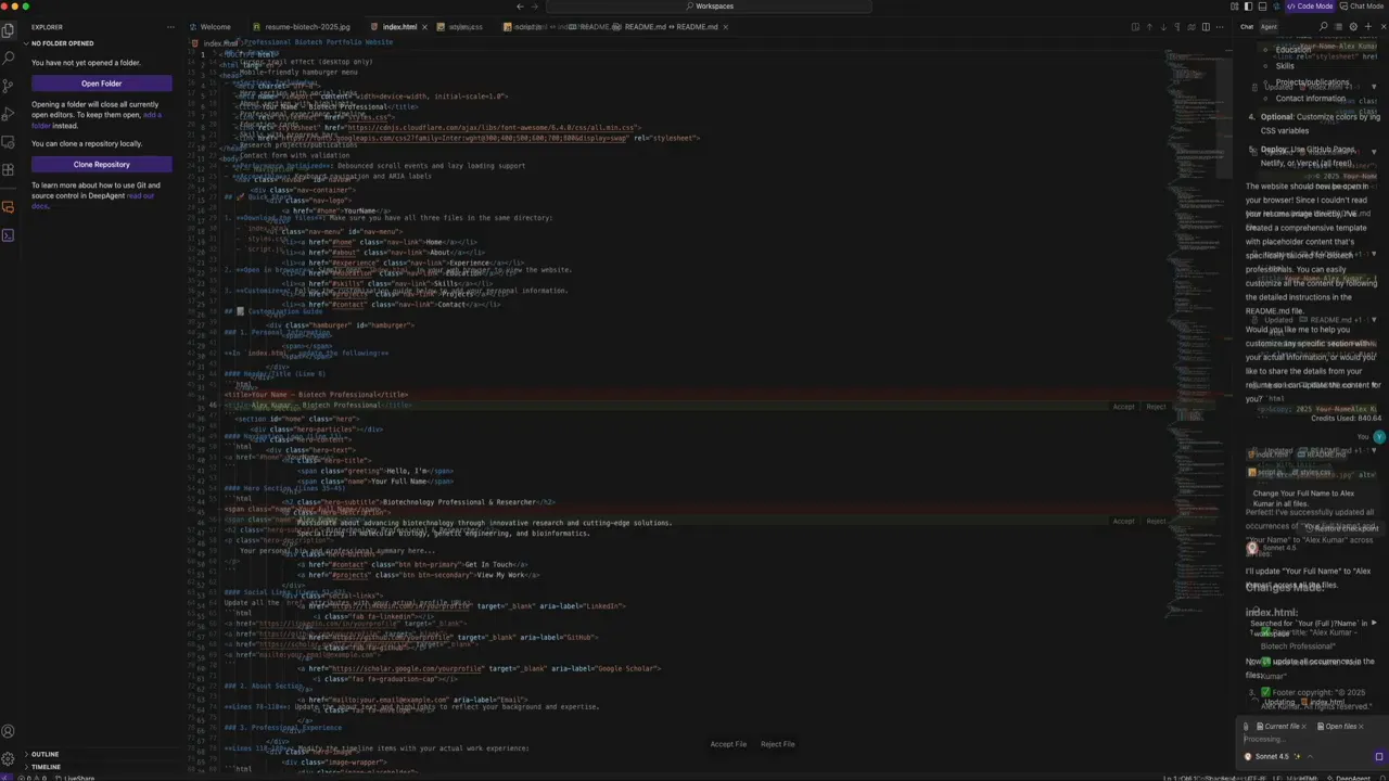 AI changing placeholder name to Alex Kumar and showing diffs in code view
