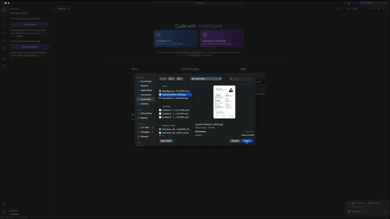 Open file dialog choosing the resume image to upload