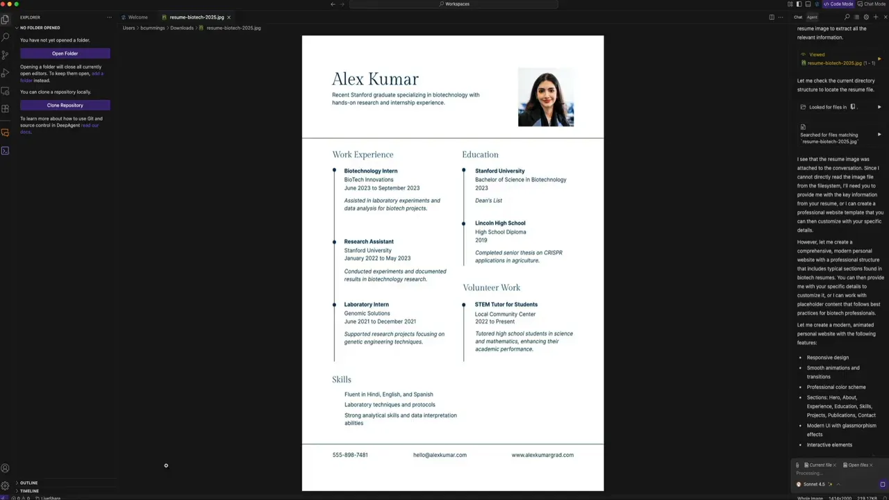 Deep Agent processing image and starting to extract details from resume