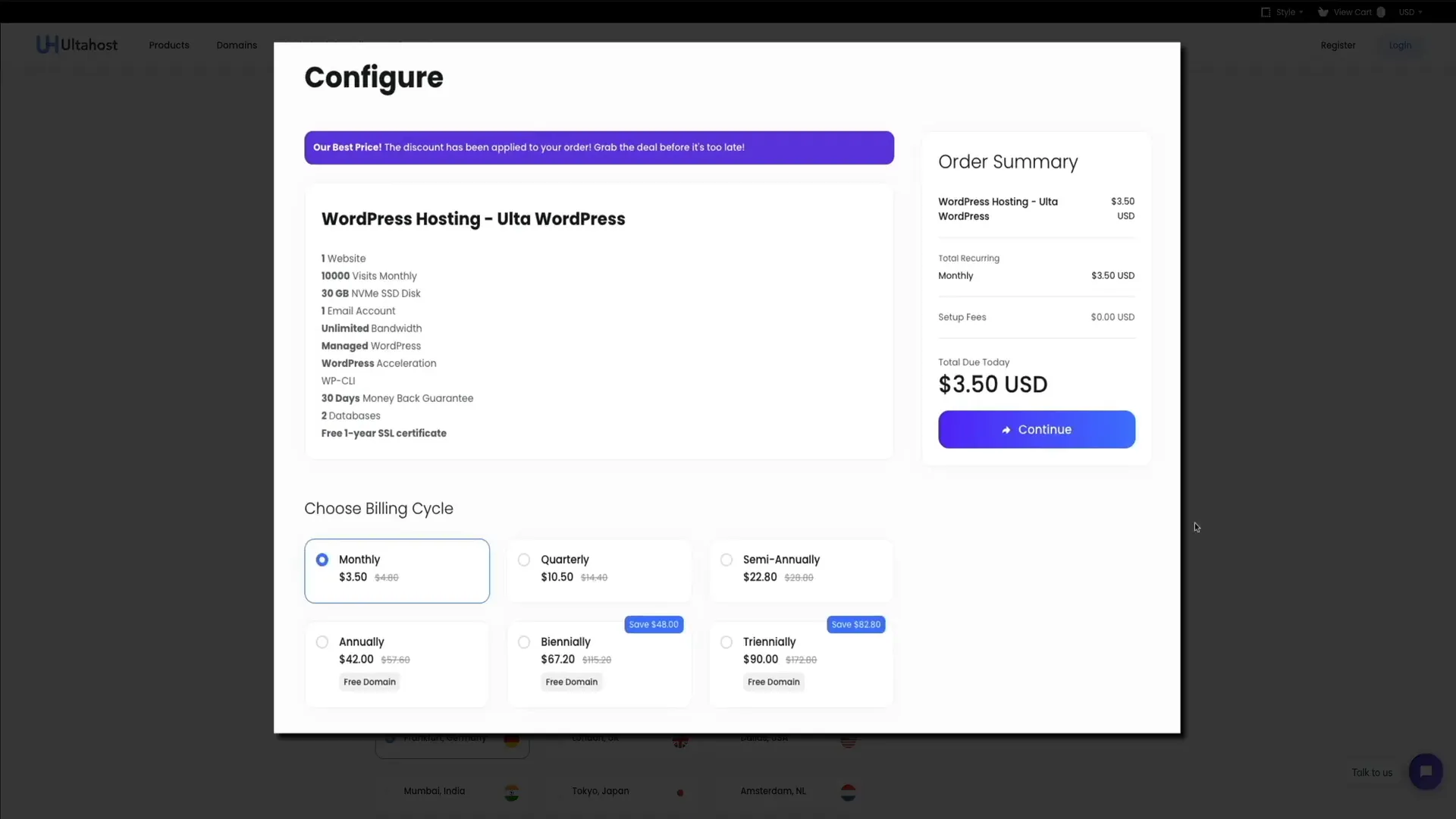 Ulta WordPress hosting plan features overview