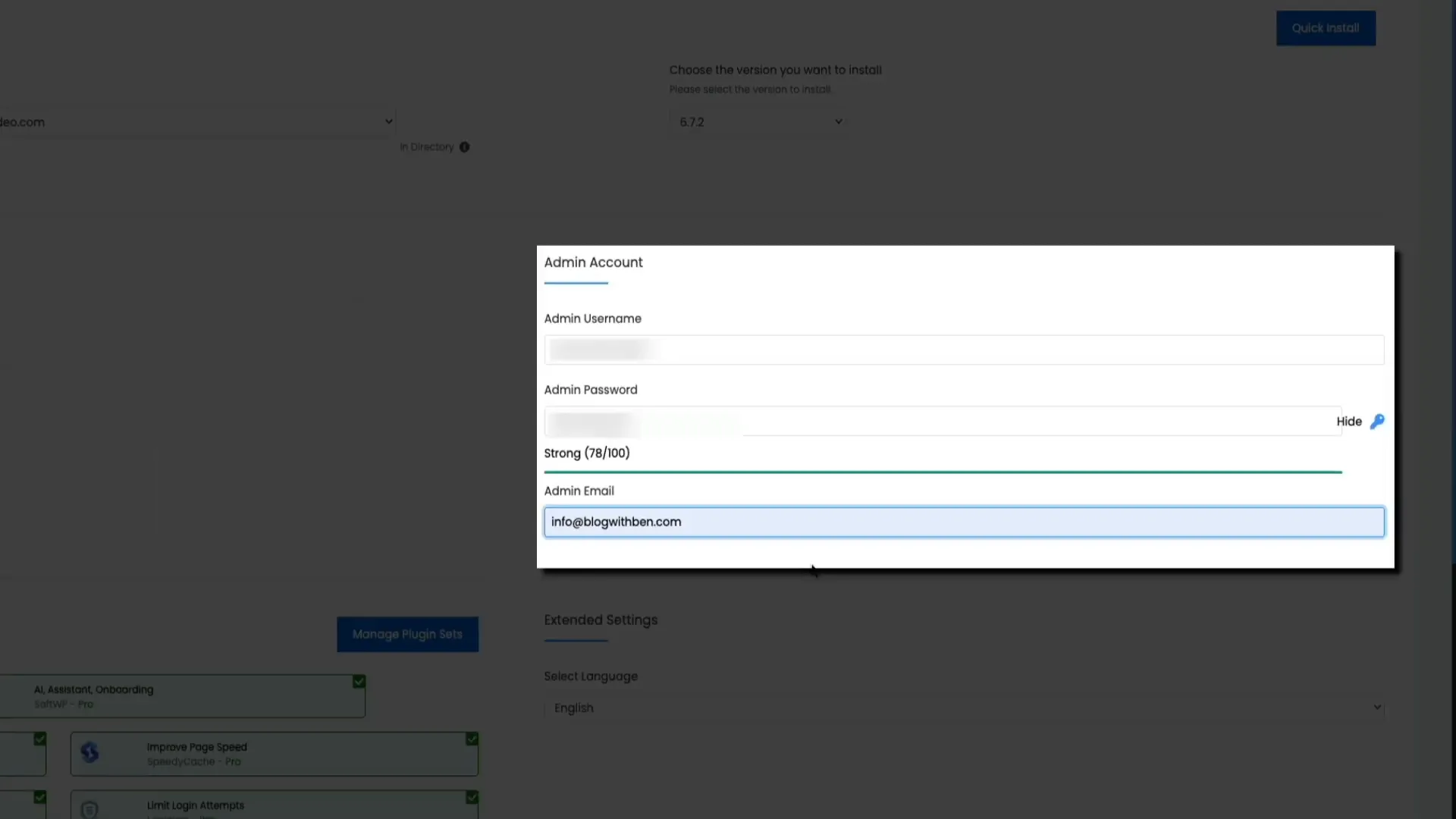 WordPress installation progress via Softaculous